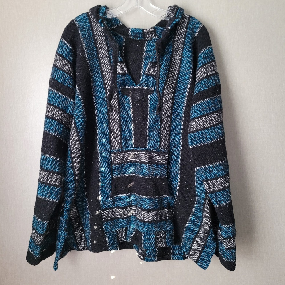 Vintage Blue Drug Rug Baja Hoodie Oversized Grunge Festival Jerga XL